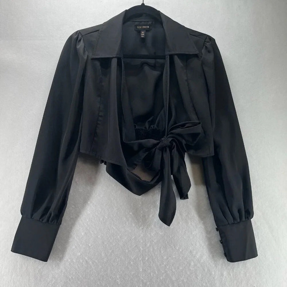 QED London Blouse Womens Sz 4 Tie Knot Cropped Long Sleeve Back Shirred Black - Picture 1 of 11
